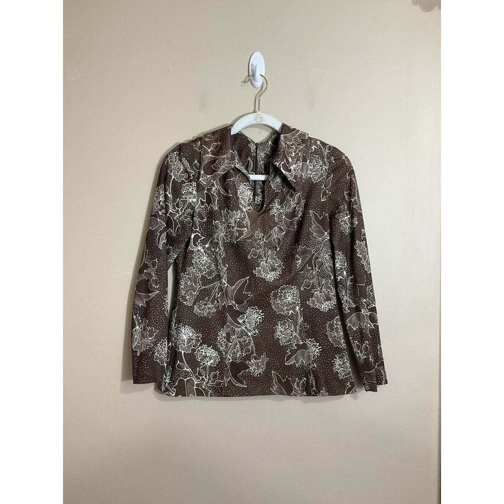 VTG 70s Handmade Womens Shirt Sz Small Brown Polka Dots Floral Cottagecore Retro